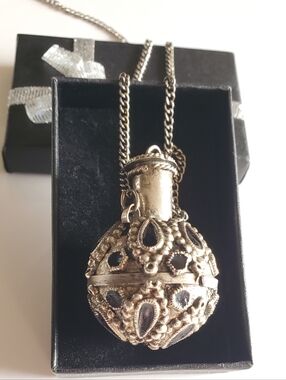 Antique Silver Pewter Perfume Bottle Orb Necklace